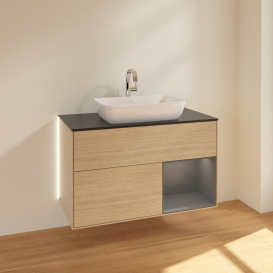 Тумба под раковину Villeroy & Boch Finion 100х50,1 см с подсветкой МДФ шпон дуба/стекло черное матовое G782GKPC