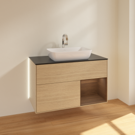 Тумба под раковину Villeroy & Boch Finion 100х50,1 см с подсветкой МДФ шпон дуба/стекло черное матовое G782GNPC