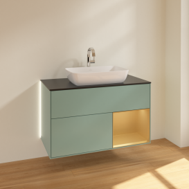 Тумба під раковину Villeroy & Boch Finion 100х50,1 см із підсвічуванням МДФ оливковий матовий лак/скло чорне матове G782HFGM