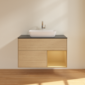 Тумба под раковину Villeroy & Boch Finion 100х50,1 см с подсветкой МДФ шпон дуба/стекло черное матовое G782HFPC