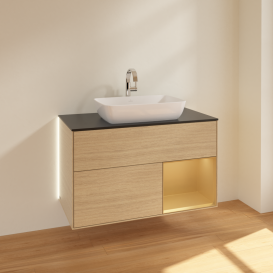 Тумба под раковину Villeroy & Boch Finion 100х50,1 см с подсветкой МДФ шпон дуба/стекло черное матовое G782HFPC