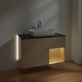 Тумба под раковину Villeroy & Boch Finion 100х50,1 см с подсветкой МДФ шпон дуба/стекло черное матовое G782HFPC