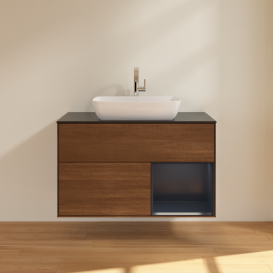 Тумба под раковину Villeroy & Boch Finion 100х50,1 см с подсветкой МДФ шпон грецкого ореха/стекло черное матовое G782HGGN