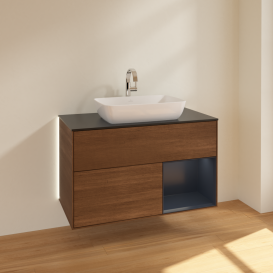 Тумба под раковину Villeroy & Boch Finion 100х50,1 см с подсветкой МДФ шпон грецкого ореха/стекло черное матовое G782HGGN