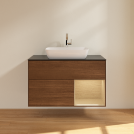 Тумба под раковину Villeroy & Boch Finion 100х50,1 см с подсветкой МДФ шпон грецкого ореха/стекло черное матовое G782PCGN