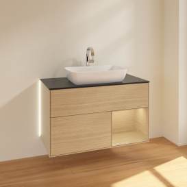 Тумба под раковину Villeroy & Boch Finion 100х50,1 см с подсветкой МДФ шпон дуба/стекло черное матовое G782PCPC