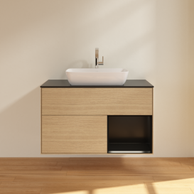 Тумба под раковину Villeroy & Boch Finion 100х50,1 см с подсветкой МДФ шпон дуба/стекло черное матовое G782PDPC