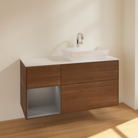 Тумба под раковину Villeroy & Boch Finion 120х50,1 см с подсветкой МДФ шпон грецкого ореха/стекло белое матовое F801GKGN