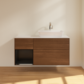 Тумба под раковину Villeroy & Boch Finion 120х50,1 см с подсветкой МДФ шпон грецкого ореха/стекло белое матовое F801PDGN