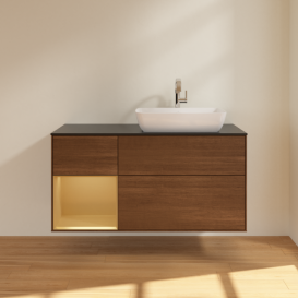 Тумба под раковину Villeroy & Boch Finion 120х50,1 см с подсветкой МДФ шпон грецкого ореха/стекло черное матовое F802HFGN