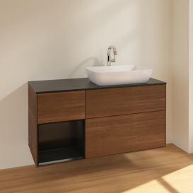 Тумба под раковину Villeroy & Boch Finion 120х50,1 см с подсветкой МДФ шпон грецкого ореха/стекло черное матовое F802PDGN