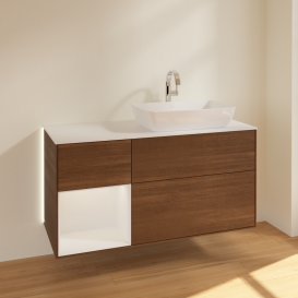 Тумба под раковину Villeroy & Boch Finion 120х50,1 см с подсветкой МДФ шпон грецкого ореха/стекло белое матовое G801GFGN