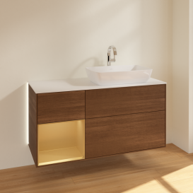 Тумба под раковину Villeroy & Boch Finion 120х50,1 см с подсветкой МДФ шпон грецкого ореха/стекло белое матовое G801HFGN