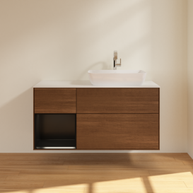 Тумба под раковину Villeroy & Boch Finion 120х50,1 см с подсветкой МДФ шпон грецкого ореха/стекло белое матовое G801PDGN