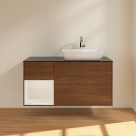 Тумба під раковину Villeroy & Boch Finion 120х50,1 см із підсвічуванням МДФ шпон волоського горіха/скло чорне матове G802GFGN