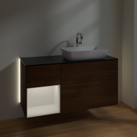 Тумба під раковину Villeroy & Boch Finion 120х50,1 см із підсвічуванням МДФ шпон волоського горіха/скло чорне матове G802GFGN