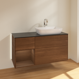 Тумба под раковину Villeroy & Boch Finion 120х50,1 см с подсветкой МДФ шпон грецкого ореха/стекло черное матовое G802GNGN