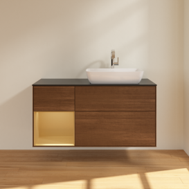 Тумба под раковину Villeroy & Boch Finion 120х50,1 см с подсветкой МДФ шпон грецкого ореха/стекло черное матовое G802HFGN