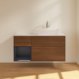 Тумба під раковину Villeroy & Boch Finion 120х50,1 см із підсвічуванням МДФ шпон волоського горіха/скло біле матове G801HGGN