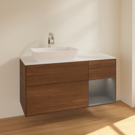 Тумба под раковину Villeroy & Boch Finion 120х50,1 см с подсветкой МДФ шпон грецкого ореха/стекло белое матовое F811GKGN