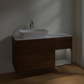 Тумба под раковину Villeroy & Boch Finion 120х50,1 см с подсветкой МДФ шпон грецкого ореха/стекло белое матовое F811GKGN