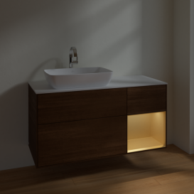 Тумба под раковину Villeroy & Boch Finion 120х50,1 см с подсветкой МДФ шпон грецкого ореха/стекло белое матовое F811HFGN