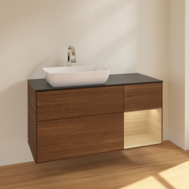 Тумба під раковину Villeroy & Boch Finion 120х50,1 см із підсвічуванням МДФ шпон волоського горіха/скло чорне матове F812PCGN