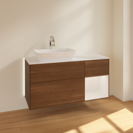 Тумба под раковину Villeroy & Boch Finion 120х50,1 см с подсветкой МДФ шпон грецкого ореха/стекло белое матовое G811GFGN