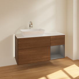 Тумба под раковину Villeroy & Boch Finion 120х50,1 см с подсветкой МДФ шпон грецкого ореха/стекло белое матовое G811GKGN