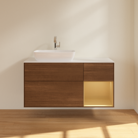 Тумба под раковину Villeroy & Boch Finion 120х50,1 см с подсветкой МДФ шпон грецкого ореха/стекло белое матовое G811HFGN