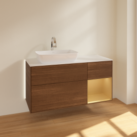 Тумба под раковину Villeroy & Boch Finion 120х50,1 см с подсветкой МДФ шпон грецкого ореха/стекло белое матовое G811HFGN