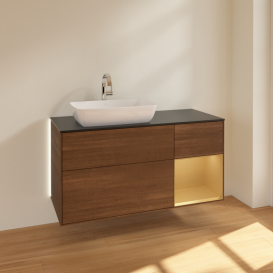 Тумба под раковину Villeroy & Boch Finion 120х50,1 см с подсветкой МДФ шпон грецкого ореха/стекло черное матовое G812HFGN