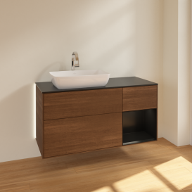 Тумба под раковину Villeroy & Boch Finion 120х50,1 см с подсветкой МДФ шпон грецкого ореха/стекло черное матовое G812PDGN