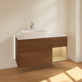 Тумба под раковину Villeroy & Boch Finion 120х50,1 см с подсветкой МДФ шпон грецкого ореха/стекло белое матовое G811PCGN