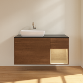 Тумба под раковину Villeroy & Boch Finion 120х50,1 см с подсветкой МДФ шпон грецкого ореха/стекло черное матовое G812PCGN