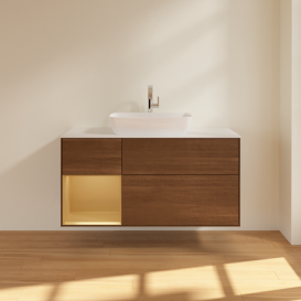 Тумба под раковину Villeroy & Boch Finion 120х50,1 см с подсветкой МДФ шпон грецкого ореха/стекло белое матовое F821HFGN