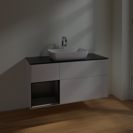 Тумба под раковину Villeroy & Boch Finion 120х50,1 см с подсветкой МДФ глянцевый белый лак/стекло черное матовое F822PDGF