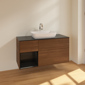 Тумба под раковину Villeroy & Boch Finion 120х50,1 см с подсветкой МДФ шпон грецкого ореха/стекло черное матовое F822PDGN