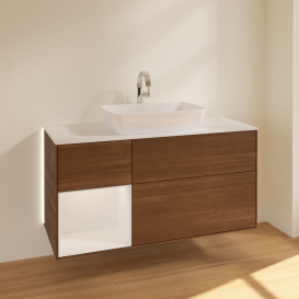 Тумба под раковину Villeroy & Boch Finion 120х50,1 см с подсветкой МДФ шпон грецкого ореха/стекло белое матовое G821GFGN