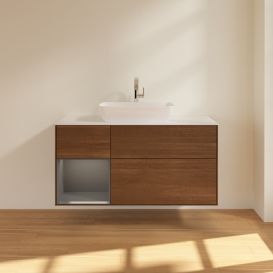 Тумба под раковину Villeroy & Boch Finion 120х50,1 см с подсветкой МДФ шпон грецкого ореха/стекло белое матовое G821GKGN