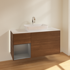 Тумба под раковину Villeroy & Boch Finion 120х50,1 см с подсветкой МДФ шпон грецкого ореха/стекло белое матовое G821GKGN