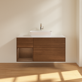 Тумба под раковину Villeroy & Boch Finion 120х50,1 см с подсветкой МДФ шпон грецкого ореха/стекло белое матовое G821GNGN