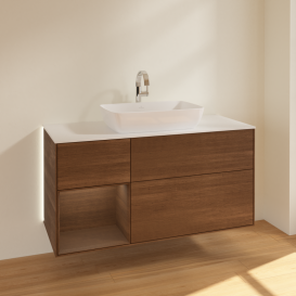 Тумба под раковину Villeroy & Boch Finion 120х50,1 см с подсветкой МДФ шпон грецкого ореха/стекло белое матовое G821GNGN