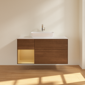 Тумба под раковину Villeroy & Boch Finion 120х50,1 см с подсветкой МДФ шпон грецкого ореха/стекло белое матовое G821HFGN