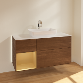 Тумба под раковину Villeroy & Boch Finion 120х50,1 см с подсветкой МДФ шпон грецкого ореха/стекло белое матовое G821HFGN