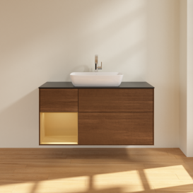 Тумба под раковину Villeroy & Boch Finion 120х50,1 см с подсветкой МДФ шпон грецкого ореха/стекло черное матовое G822HFGN