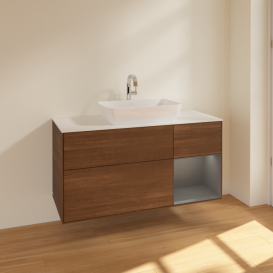 Тумба под раковину Villeroy & Boch Finion 120х50,1 см с подсветкой МДФ шпон грецкого ореха/стекло белое матовое F831GKGN