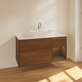 Тумба под раковину Villeroy & Boch Finion 120х50,1 см с подсветкой МДФ шпон грецкого ореха/стекло белое матовое F831GNGN