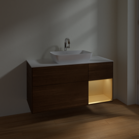 Тумба под раковину Villeroy & Boch Finion 120х50,1 см с подсветкой МДФ шпон грецкого ореха/стекло белое матовое F831HFGN