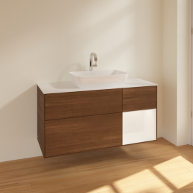 Тумба под раковину Villeroy & Boch Finion 120х50,1 см с подсветкой МДФ шпон грецкого ореха/стекло белое матовое F831MTGN